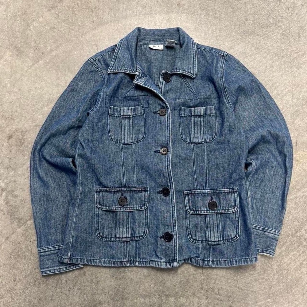 Women's Jean Jacket Button Up Multi Pocket Indie Utility Fall Pullover Medium
